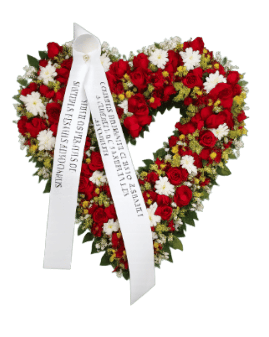 Coroa de flores em formato de coração, com rosas vermelhas e flores brancas e faixa de homenagem